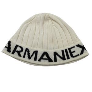 Armani Exchange A|X Mens Ribbed Knit Logo Beanie Hat Cream White Black One Size